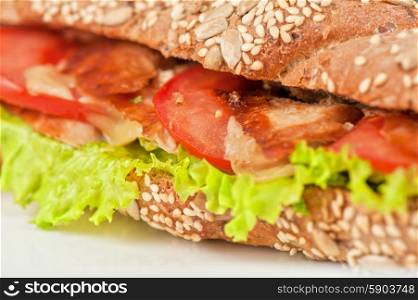 Big sandwich . Big sandwich closeup with meat and vegetables