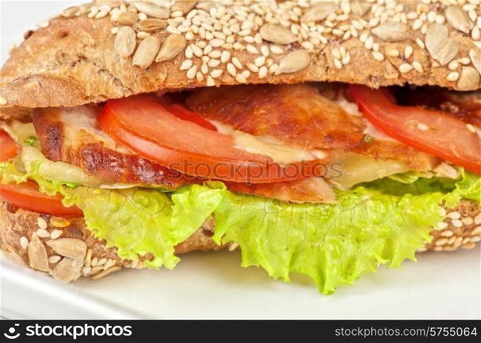 Big sandwich closeup with meat and vegetables. Big sandwich