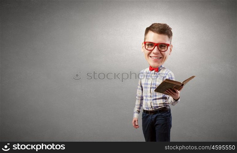 Big science head. Young funny science man in red glasses
