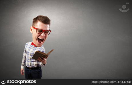 Big science head. Young funny science man in red glasses