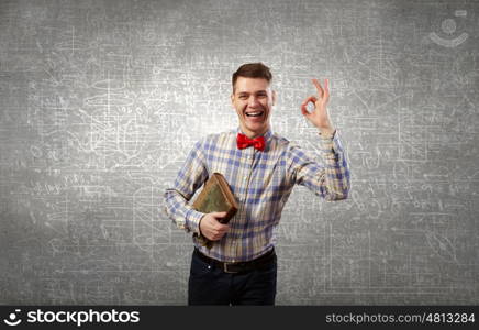 Big science head. Young funny science man in red glasses