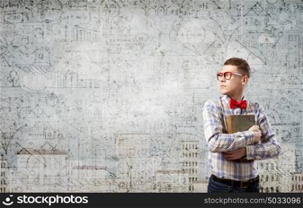 Big science head. Young funny science man in red glasses