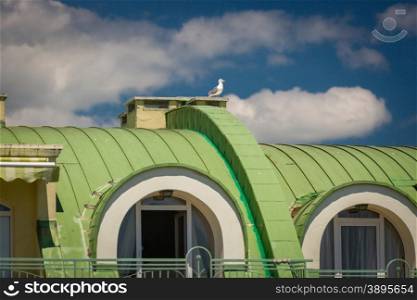 Big seagull sitting on green metal rooftop of classic building