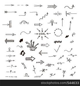 Big set of different hand-drawn doodle arrows. Vector illustration