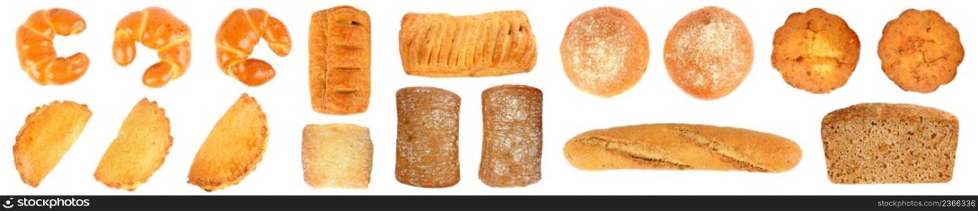 Big set of fresh baked goods isolated on white background. Top view