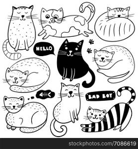 Big set of hand drawn cats on a white background. Vector illustration. Doodle sketch.