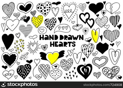 Big set of hand drawn hearts on a white background. Doodle style. Vector illustration.
