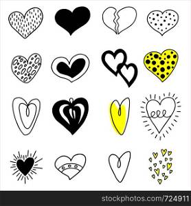 Big set of hand drawn hearts on a white background. Doodle style. Vector illustration.