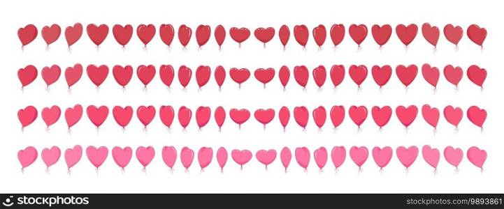 Big set of isolated red pink heart-shaped balloons