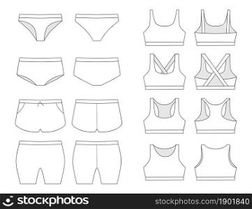 Big set of mockups of sports underwear for women. Front and back views. Vector illustration. Flat style