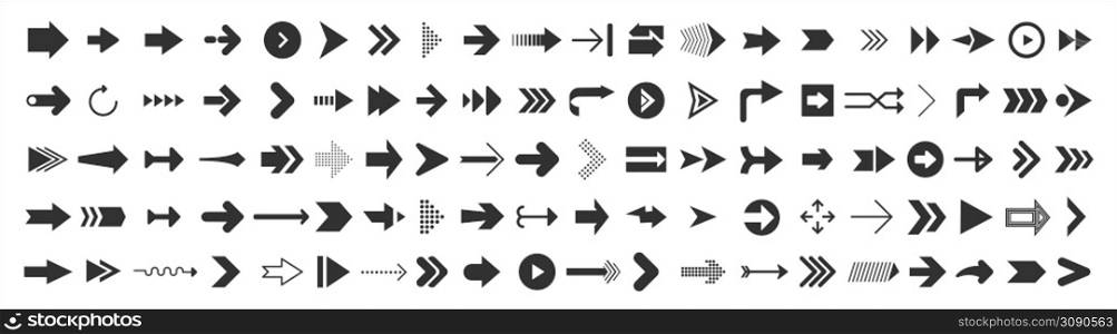 Big set of web Arrows. 100 black arrow icons isolated on white. Cursor vector illustration.. Big set of web Arrows. 100 black arrow icons isolated on white. Cursor vector
