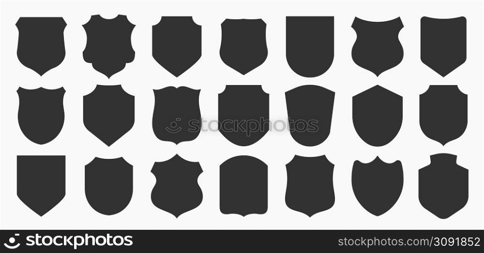 Big shields collection. Black silhouette shield shape, black label. Vintage or retro shields set. Vector illustration.. Big shields collection. Black silhouette shield shape, black label. Vintage or retro shields set.