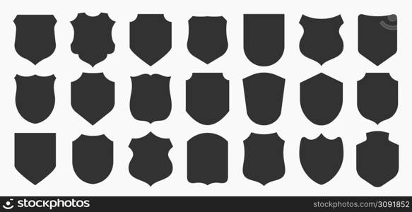 Big shields collection. Black silhouette shield shape, black label. Vintage or retro shields set. Vector illustration.. Big shields collection. Black silhouette shield shape, black label. Vintage or retro shields set.