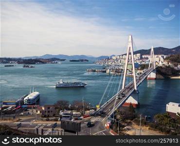 Big ship in bay of Yeosu city. South Korea. January 2018
