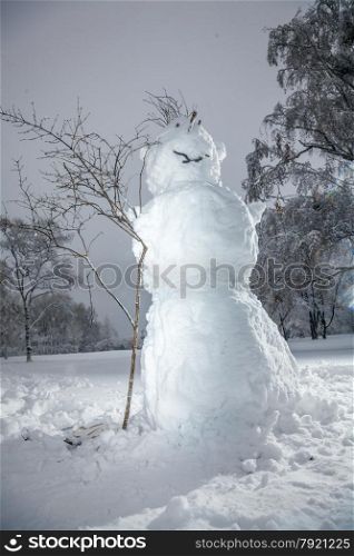 Big snowman standing at forest