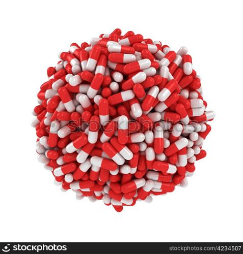 Big sphere made from many red-white capsules