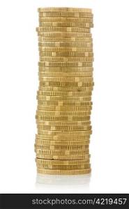 big stack of yellow coins on white background