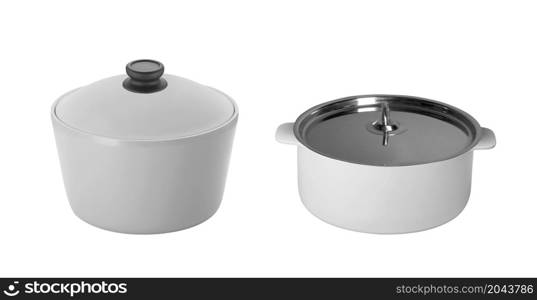 big stainless steel saucepans isolated