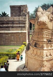 Big statue of Nandi Bull in front of Hindu Gangaikonda Cholapuram Temple. In Hinduism Nandi is a Shiva vehicle. South Indian architecture. India, Tamil Nadu, Thanjavur (Trichy)