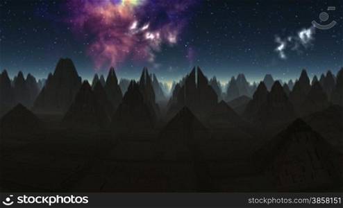 Big step pyramids with the doubled tops are shrouded in a fog. The city consists of equal symmetric streets. Night. The horizon gleams. In the dark sky bright stars and big bright color nebula.