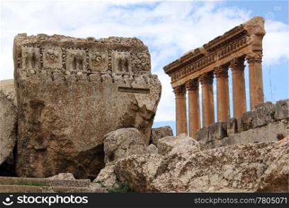Big stone and columns in Baalbeck temple, Lebanon