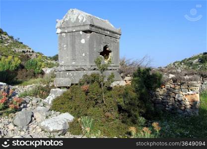 Big stone sarcophagus and ruins of Sidyma, Turkey