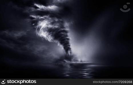 Big storms cause tornadoes in the ocean. 3D Illustration.