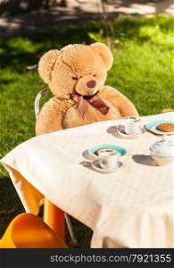 Big teddy bear sitting behind table and drinking tea