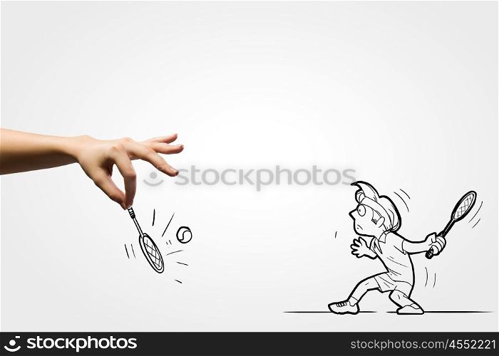 Big tennis player. Caricature of man playing big tennis with partner