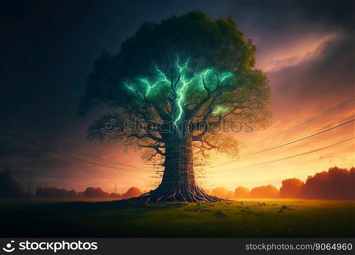Big tree with wires connected. And green lighting amongst its crown. Green energy concept. Generative AI.. Big tree with wires connected. And green lighting amongst its crown. Green energy concept. Generative AI