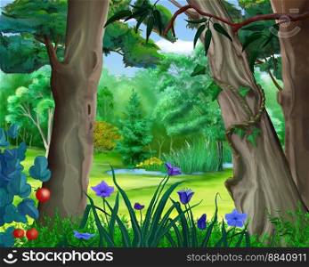 Big trees in a forest on a Sunny summer day. Digital Painting Background, Illustration.. Big trees in forest Illustration