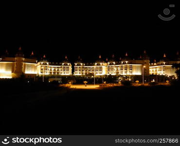 Big Turkish hotel in the dark. Antalya, Turkey