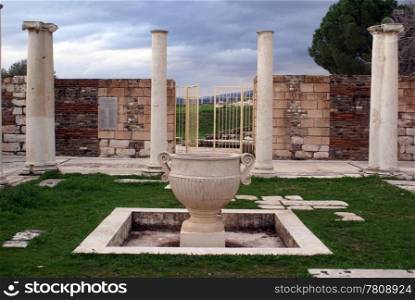 Big vase anbd columns in temple, Sardis, Turkey