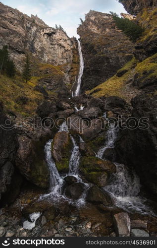 Big waterfall Giraffe on river Shinok, over 72 meters, in Altai territory, Siberia, Russia