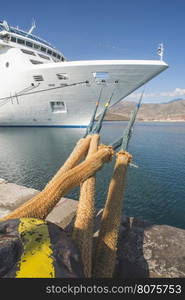 Big white cruise ship. Synny day. Greece