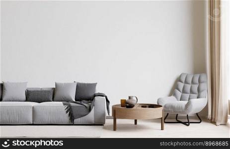 big white living room.interior design,grey sofa and chair, wall for mock up and copy space.	