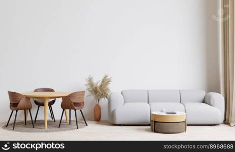 big white living room.interior design,grey sofa and wooden table set,wall for mock up and copy space.	