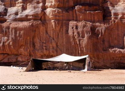 Big white tent in desert Wadi Rum, Jordan