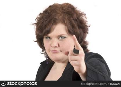 Big woman pointing a finger and looking angry