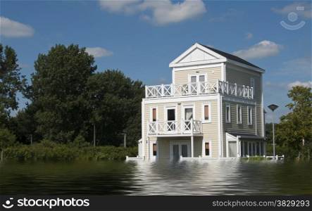 big wooden house with blue sky and white clouds in high water