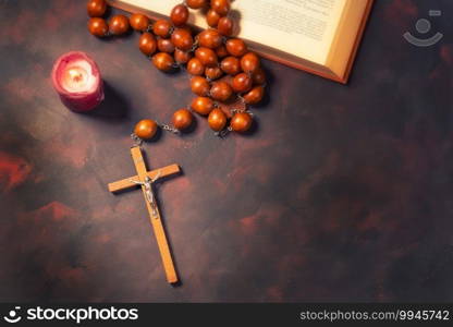 Big wooden Rosary beads and crucifix cross with jesus,red candle and bible book,spiritual atmosphere ,religion concept.