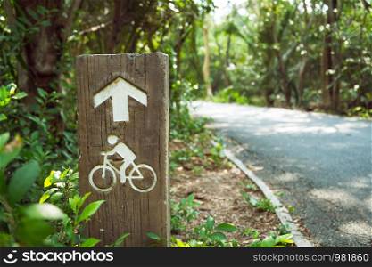 Bike lane road signpost with arrow driving direction. Biking bicycle street in a park surrounded by trees in the forest. Bang Krachao, Thailand.