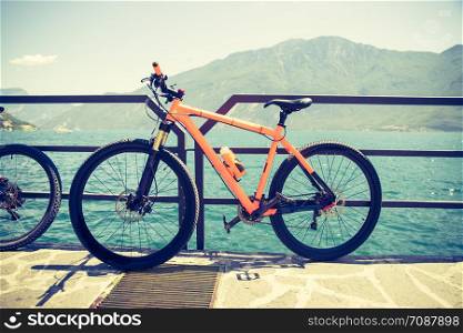 Bike on the foreground, lake garda with blue water in the background