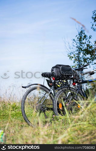 Bike tour: Bikes, grass and blue sky. Outdoors, text space