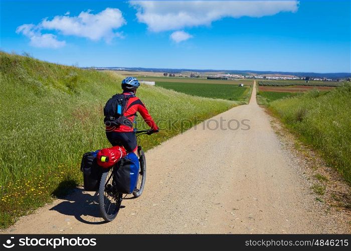 Biker at Via de la Plata way in Andalusia Spain to Santiago compostela