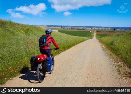 Biker at Via de la Plata way in Andalusia Spain to Santiago compostela