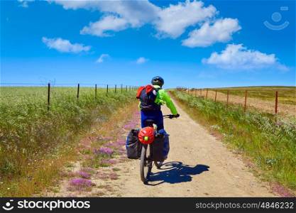 Biker at Via de la Plata way in Extremadura Spain to Santiago compostela