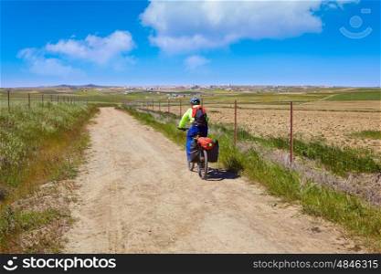 Biker at Via de la Plata way in Extremadura Spain to Santiago compostela