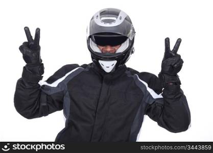 biker doing victory sign