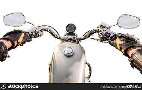 Biker driving a motorcycle isolated on white background. First-person view.